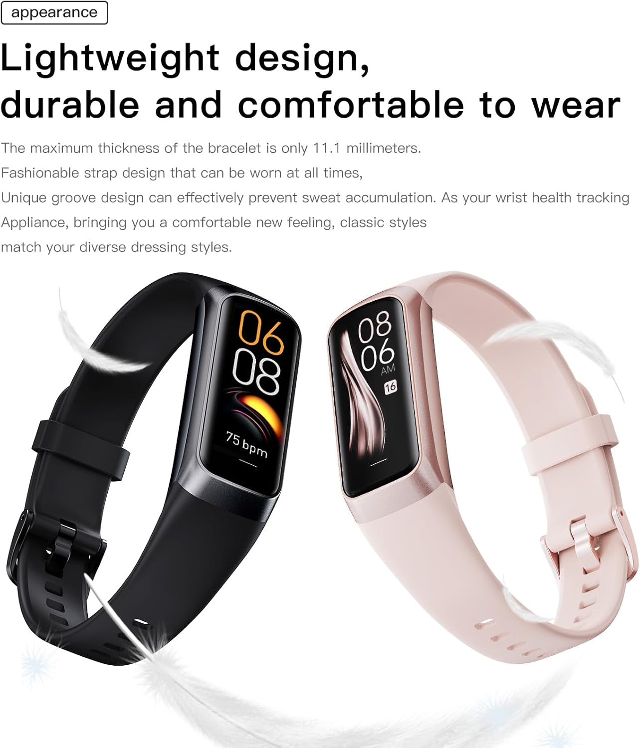Amoled Health & Fitness Tracker Watch for Men & Women - Slim & Stylish with 25 Sports Modes, Heart Rate & Blood Pressure Monitor, IP68 Waterproof, Step Counter, Alarm & Timer